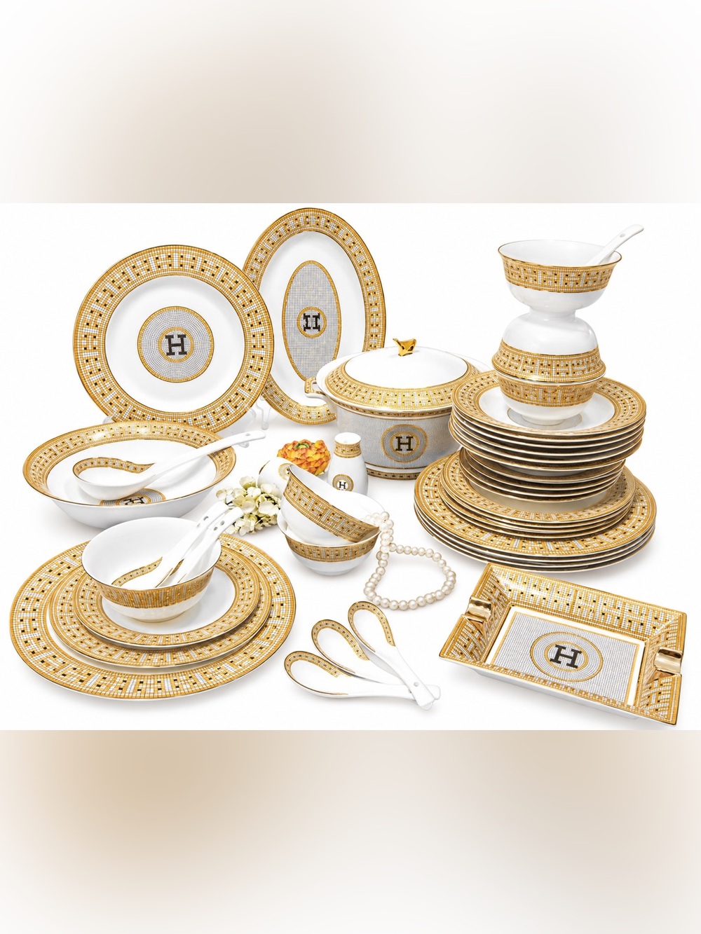 Luxury White and Gold Porcelain Dinnerware Set - Designer Tableware 44 pcs set,